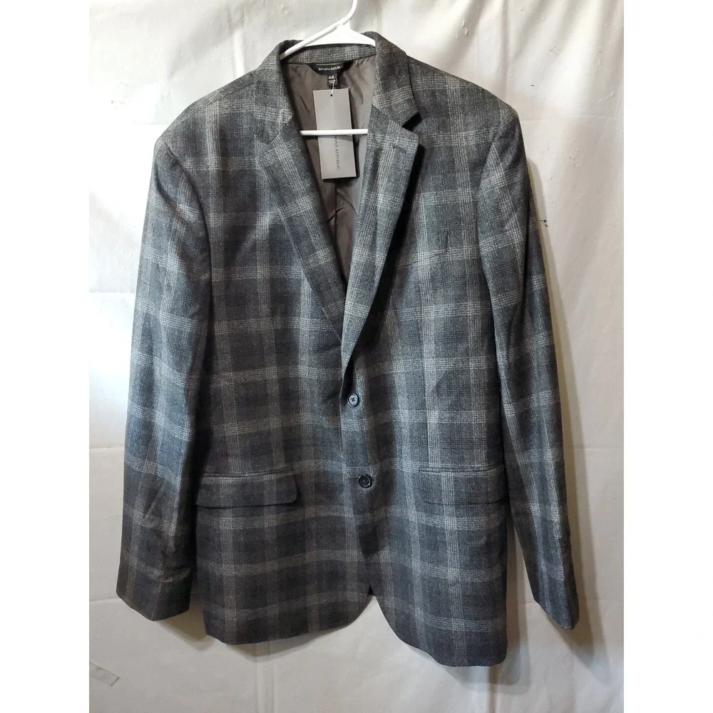 Banana Republic Tessuto Marzotto Italian Wool Gray Plaid‎ Blazer Jacket Size 44L